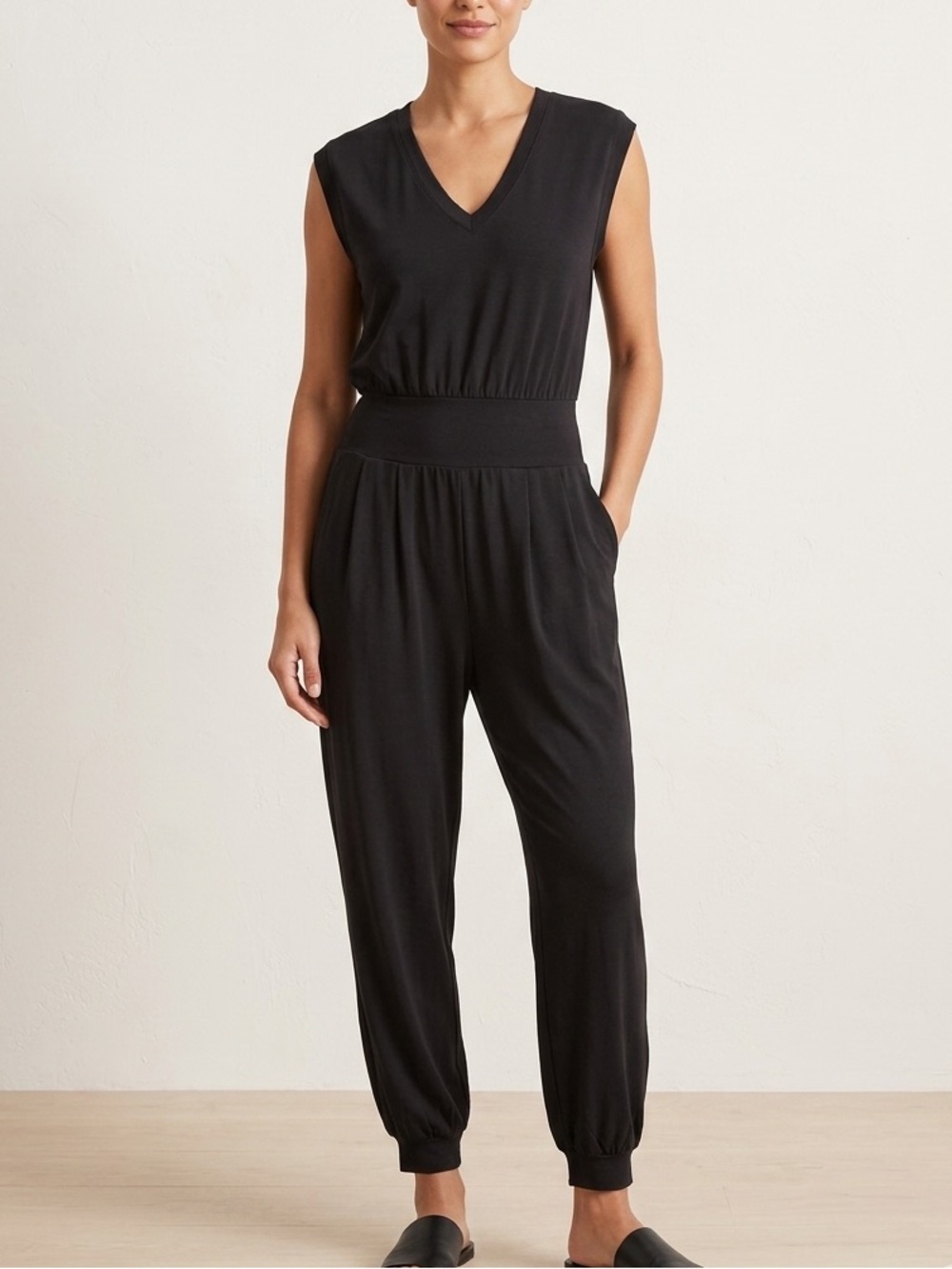 Lou & Grey Sleeveless Black V-Neck Jumpsuit Elastic Waist Pockets Minimalist MP